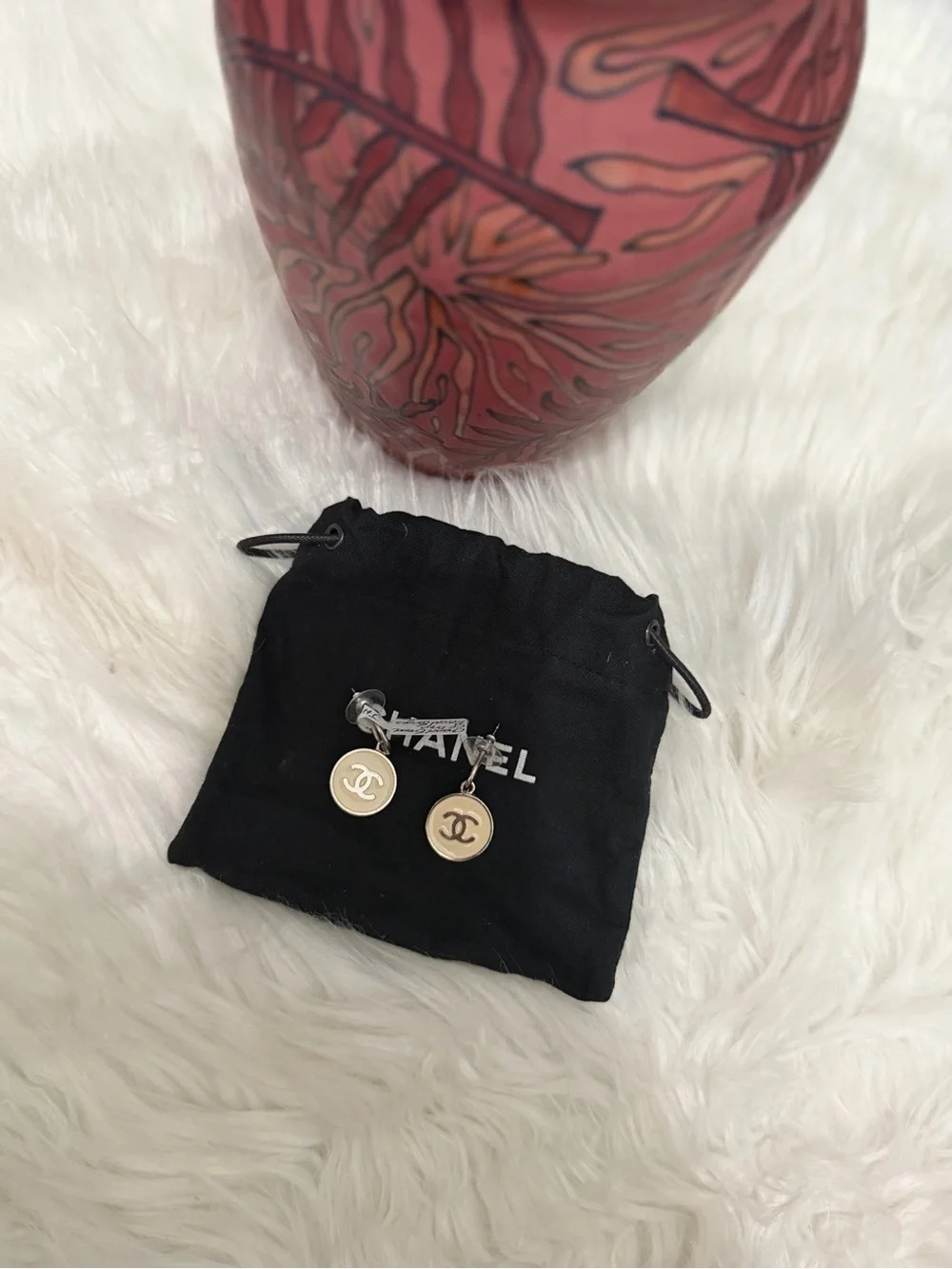 CHANEL ENAMEL CC CIRCLE DROP PIERCED EARRINGS